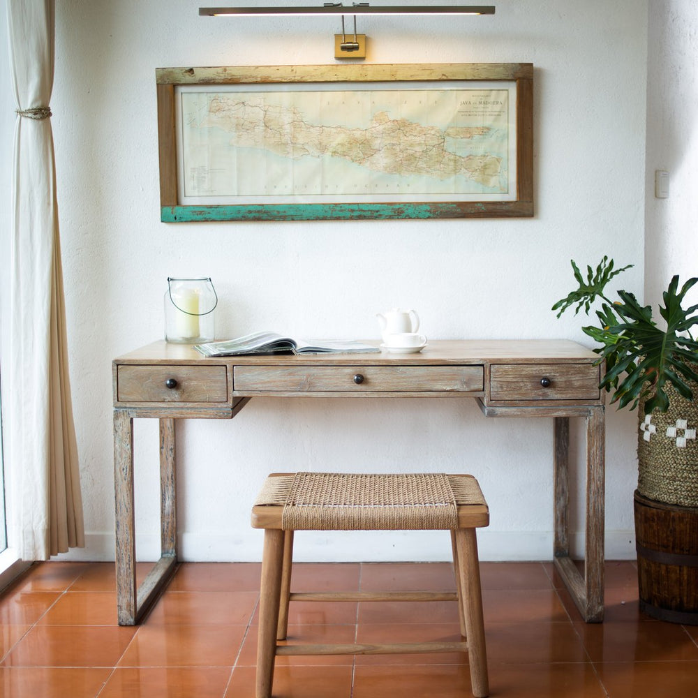 Beige wooden stool with woven recycled paper seat