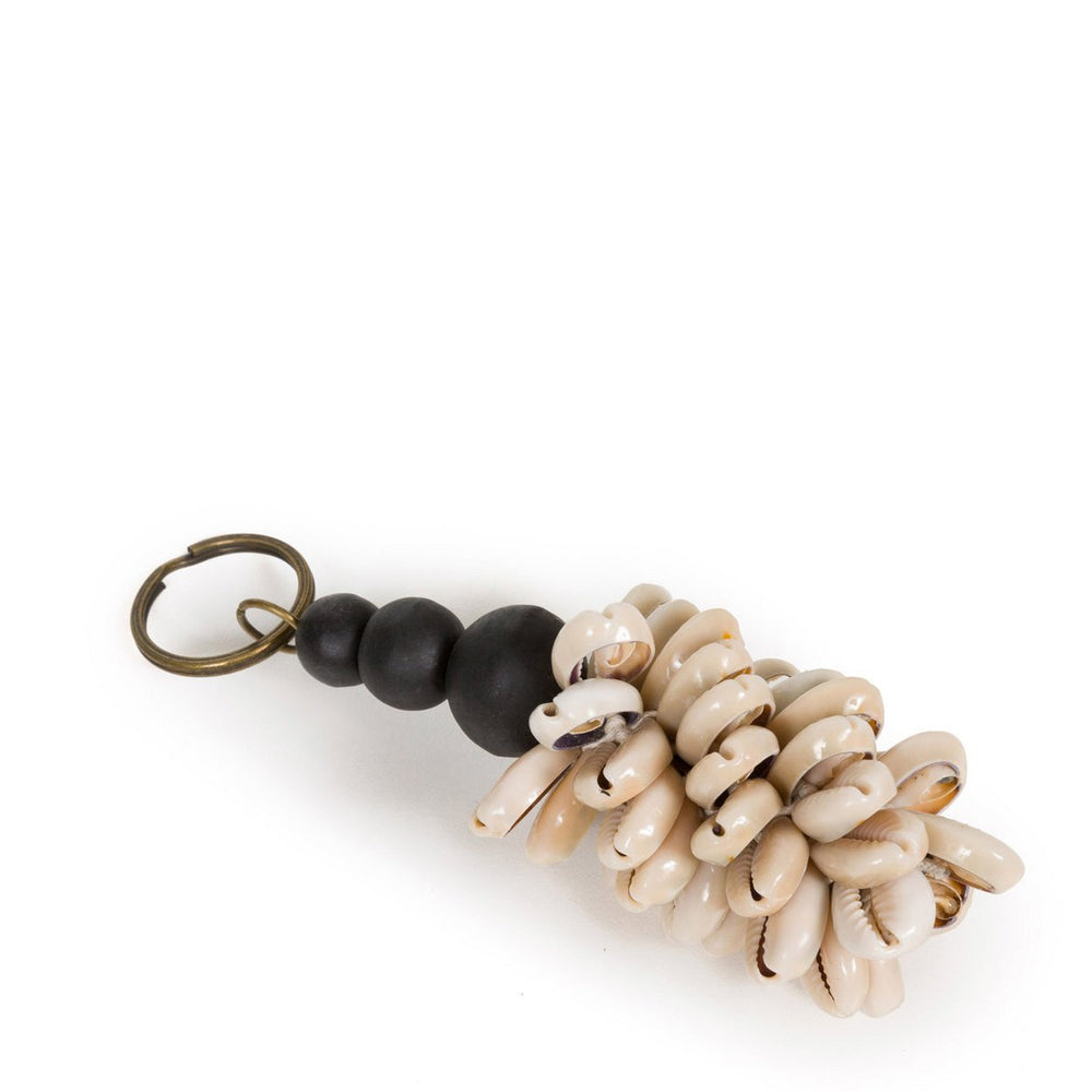 Black and beige cowrie shell keychain with wooden bead accent