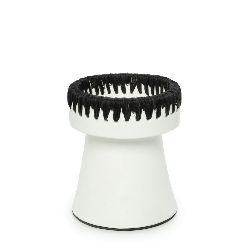 White and black terracotta candle holder with raffia trim