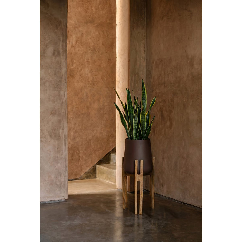 Brown concrete planter on mango wood forked-root stand