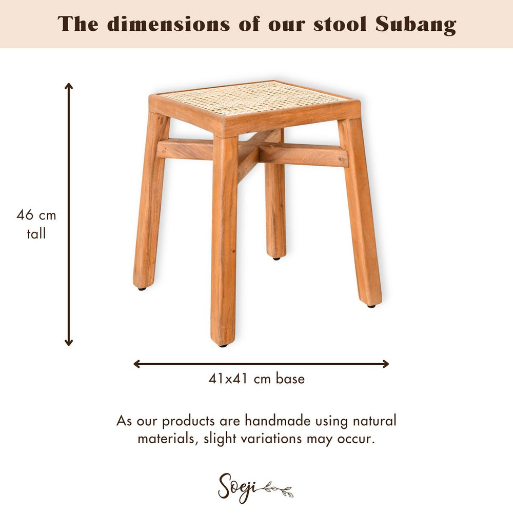 Brown wooden stool with woven rattan seat