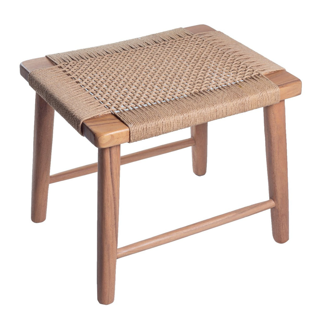 Beige wooden stool with woven recycled paper seat