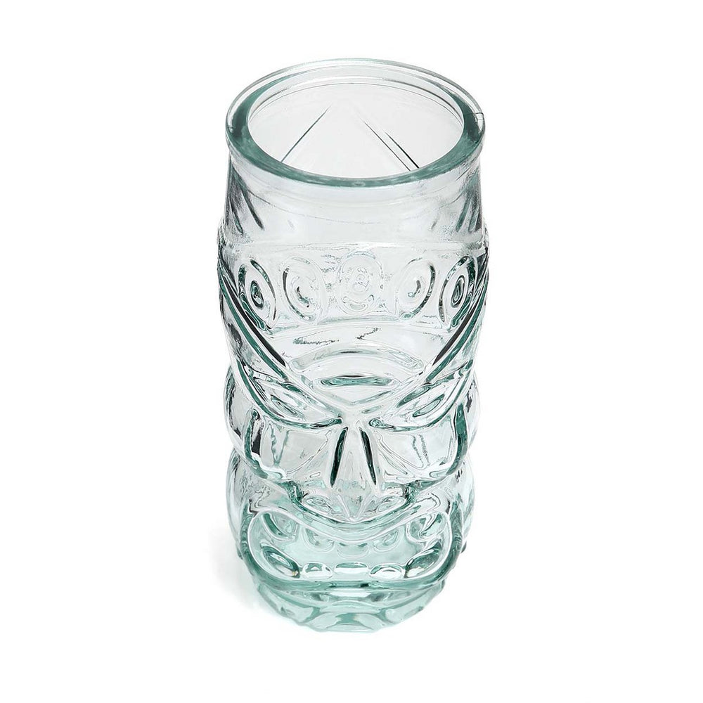 Blue recycled glass drinking glass with sculptural face design