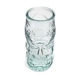 Blue recycled glass drinking glass with sculptural face design