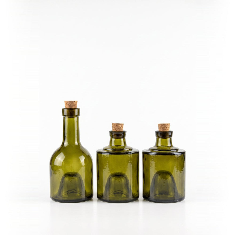Olive green recycled glass stackable oil bottle set