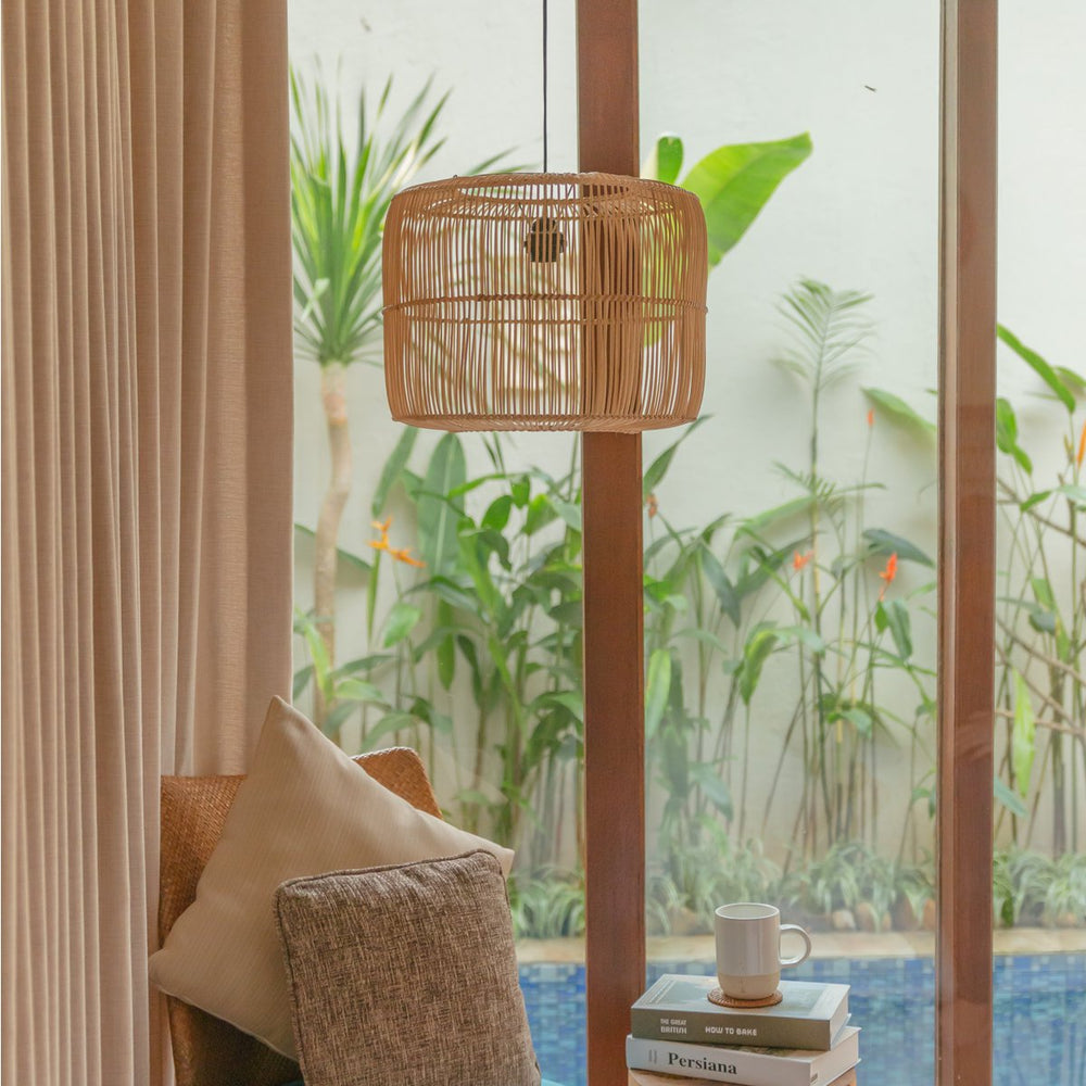 Beige rattan pendant lampshade with metal frame