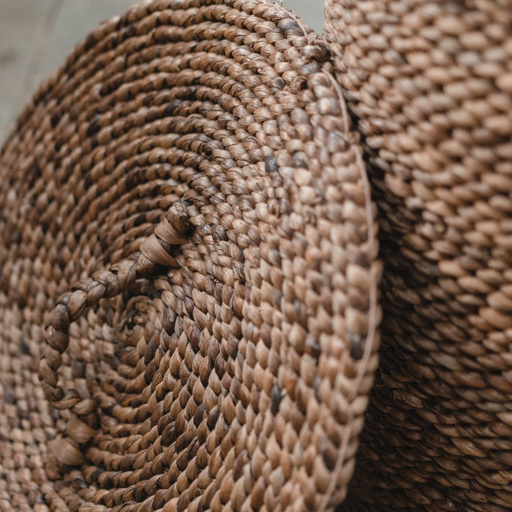 Brown woven water hyacinth storage basket with lid