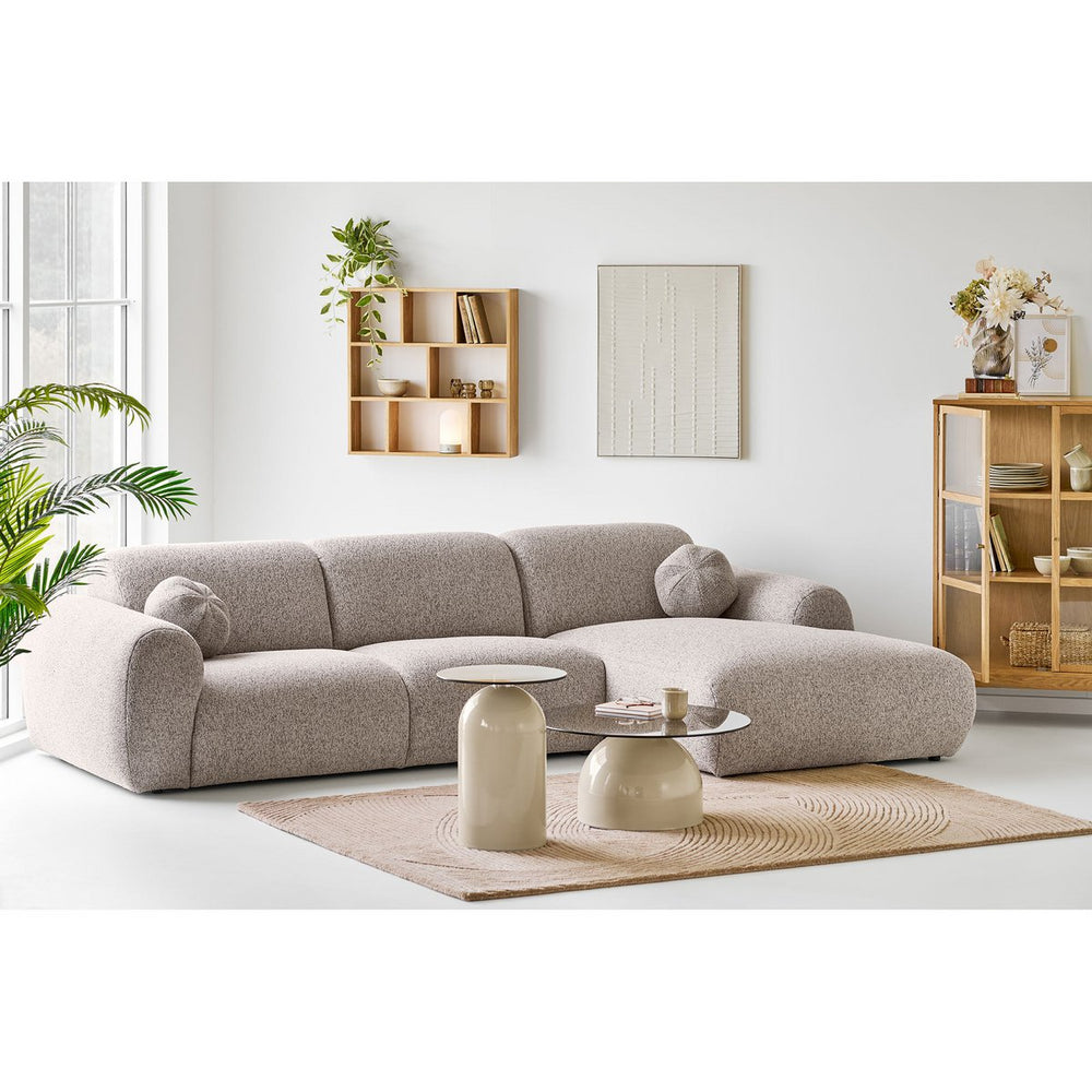 Grey and beige round side table with tempered glass top and metal frame