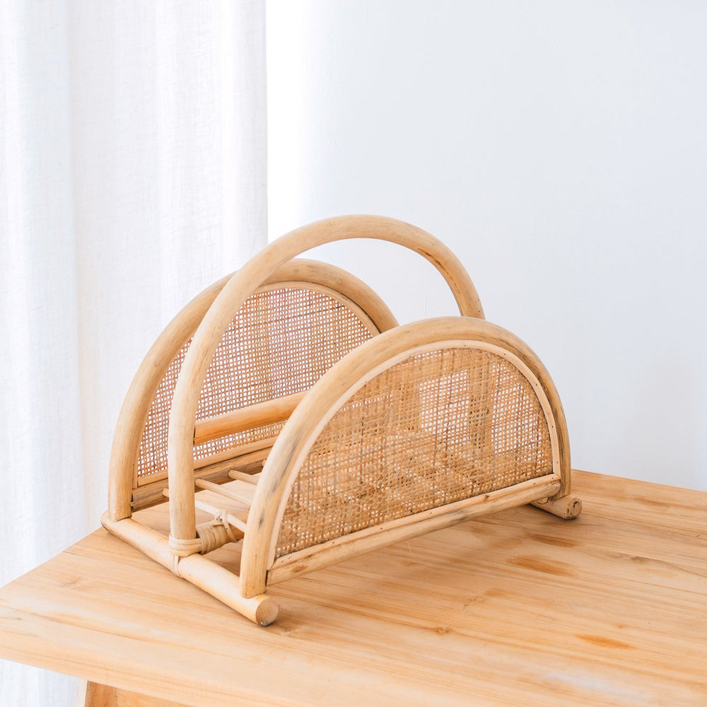 Beige woven rattan newspaper rack with handle