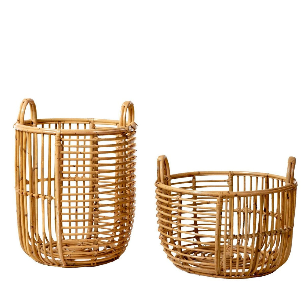 Beige woven rattan laundry basket with handles