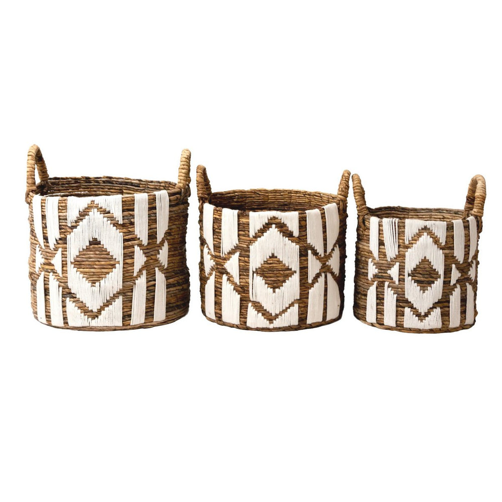 Brown banana fibre basket with white cotton macrame pattern