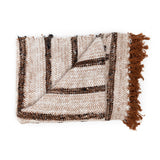 White fringed cotton throw with charcoal stripes and terracotta tassels