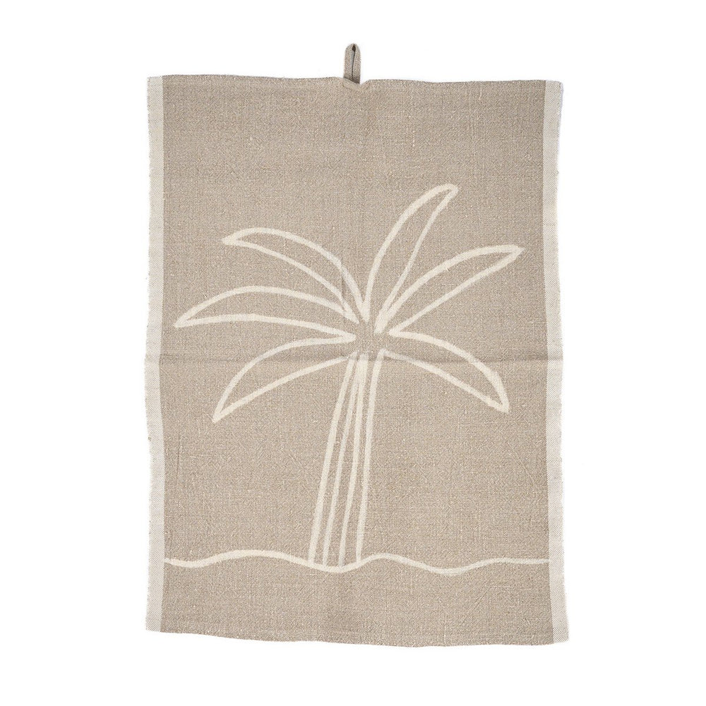 Natural white linen kitchen towel with palm tree print