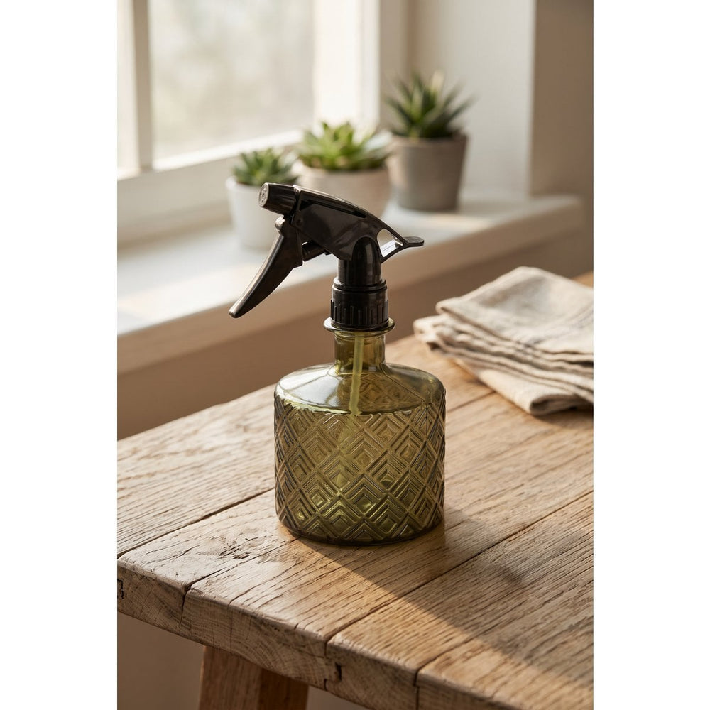 Olive green recycled glass plant mister with lattice detailing
