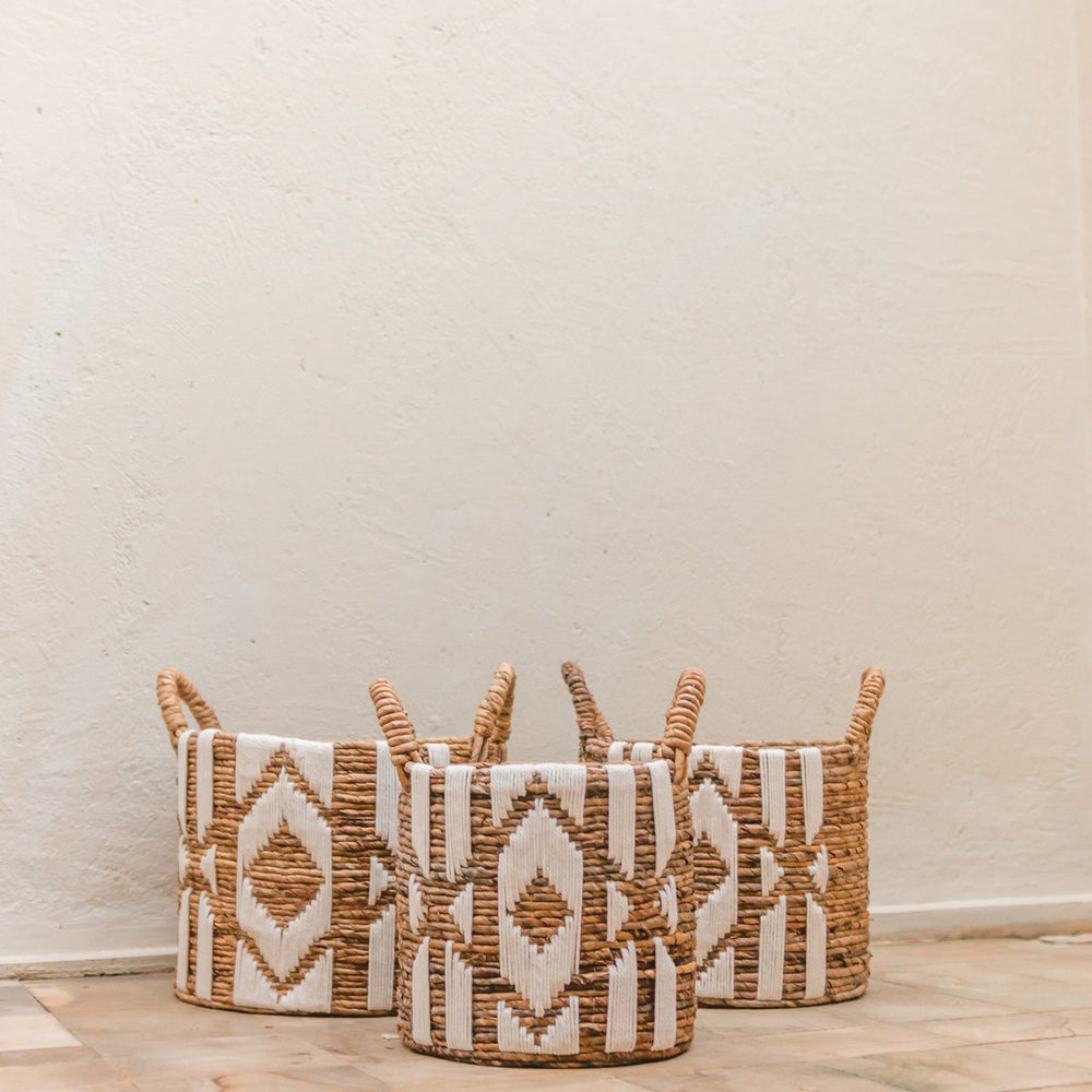 Brown banana fibre basket with white cotton macrame pattern