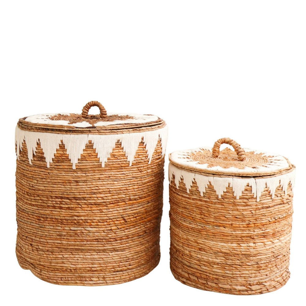 Brown woven banana fibre laundry basket with lid and white cotton macrame pattern