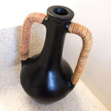 Black clay bottle vase with rattan-wrapped handles