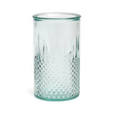 Clear glass tumbler with diamond pattern on a white background