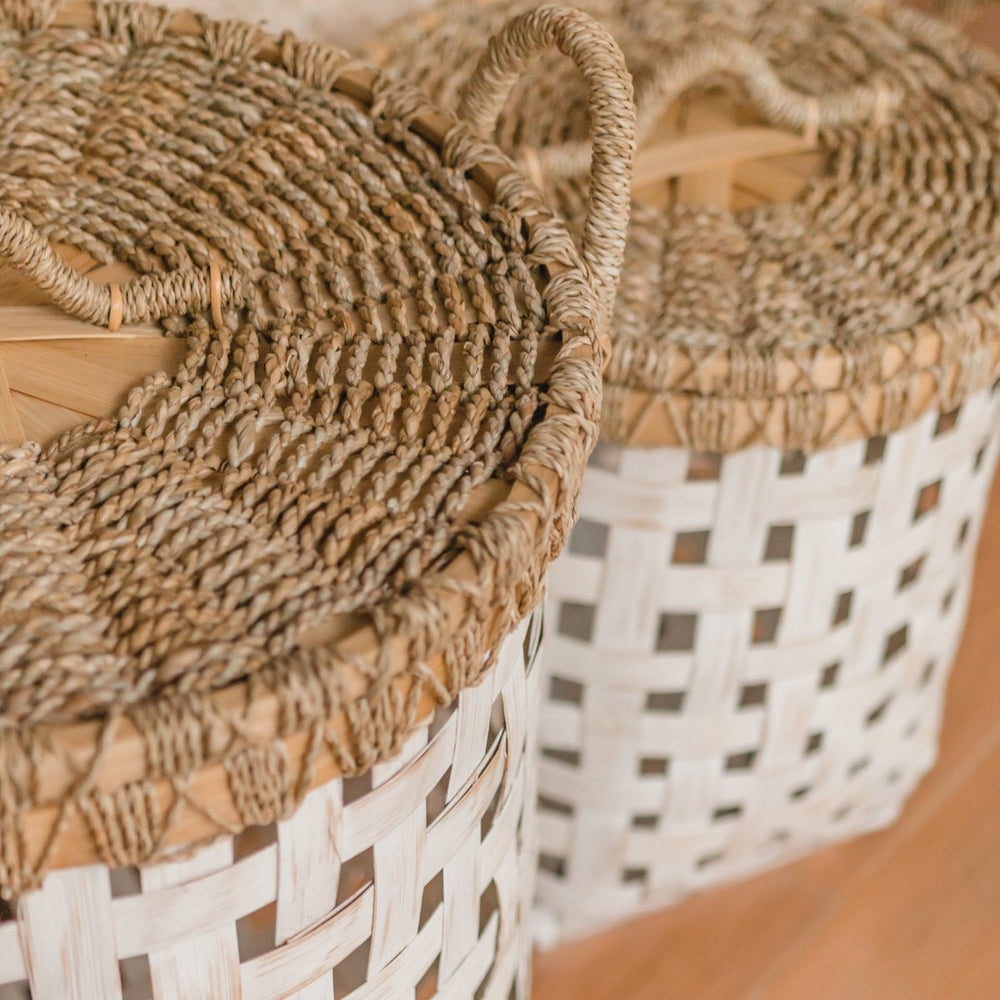 White woven bamboo laundry basket with seagrass lid