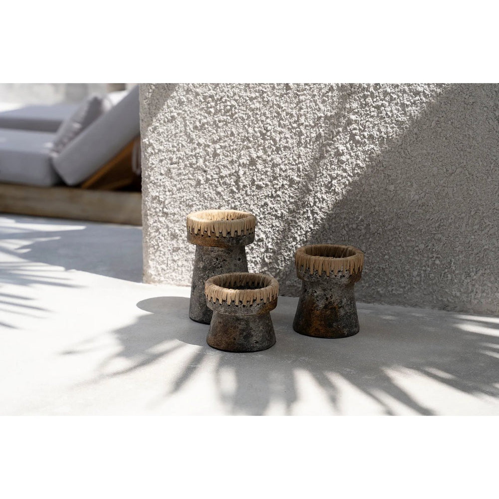 Antique grey terracotta candle holder with raffia accent