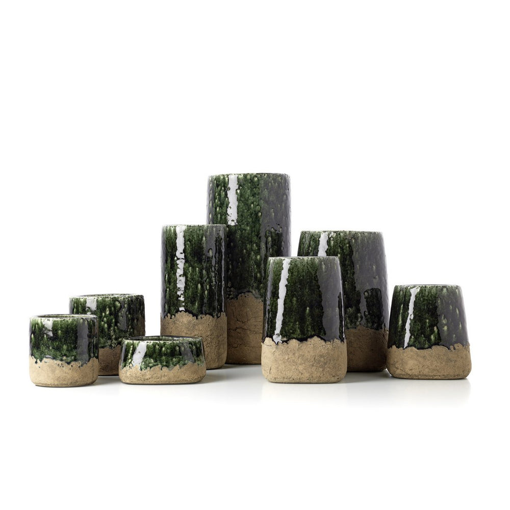 Green stoneware bowl planter with concrete-look finish