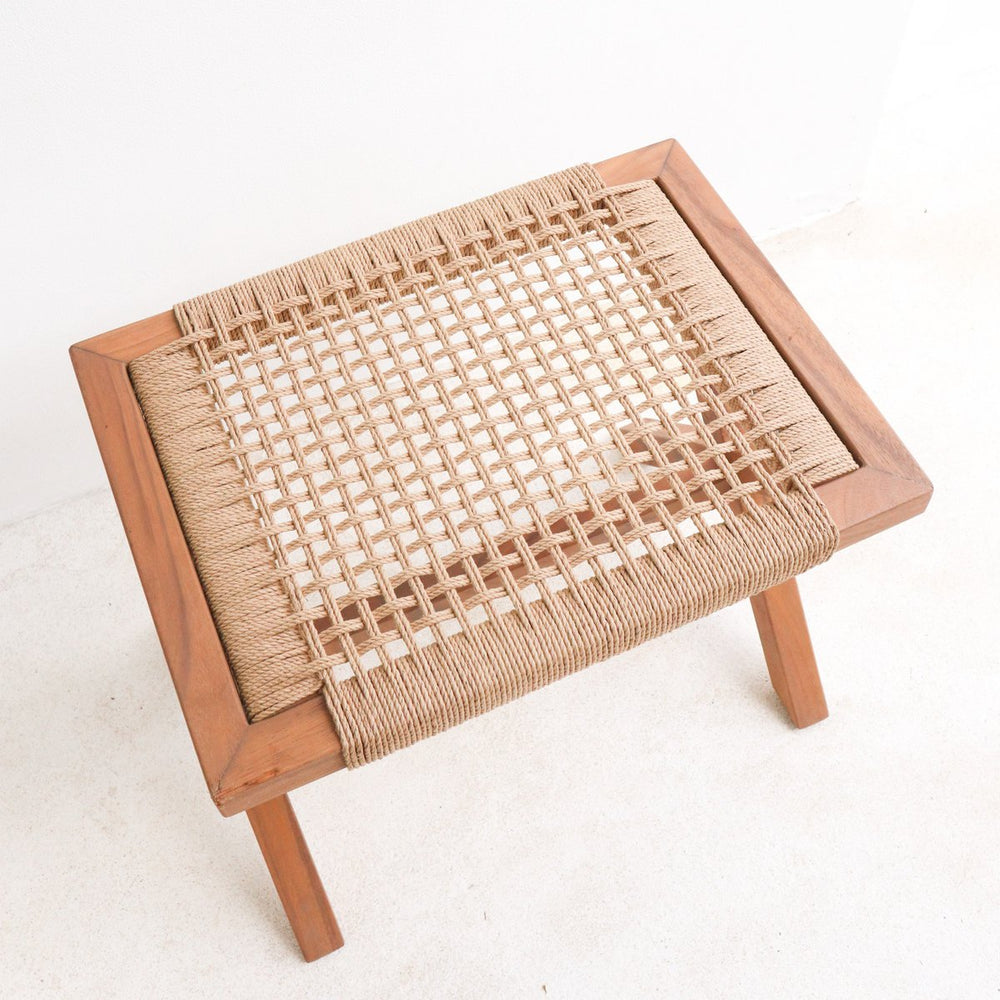 Beige wooden stool with woven recycled paper seat