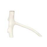 White ceramic vase with a long, thin neck and wide base on a white background