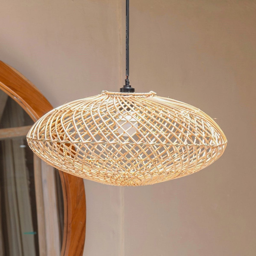 Beige woven rattan disc pendant lampshade