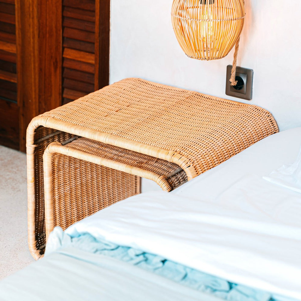 Beige rattan side table with metal frame