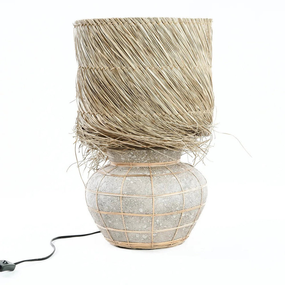 Beige and grey terracotta table lamp with rattan grid and fringed grass shade