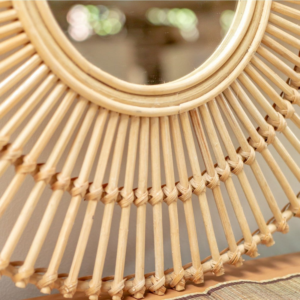 Beige rattan round wall mirror