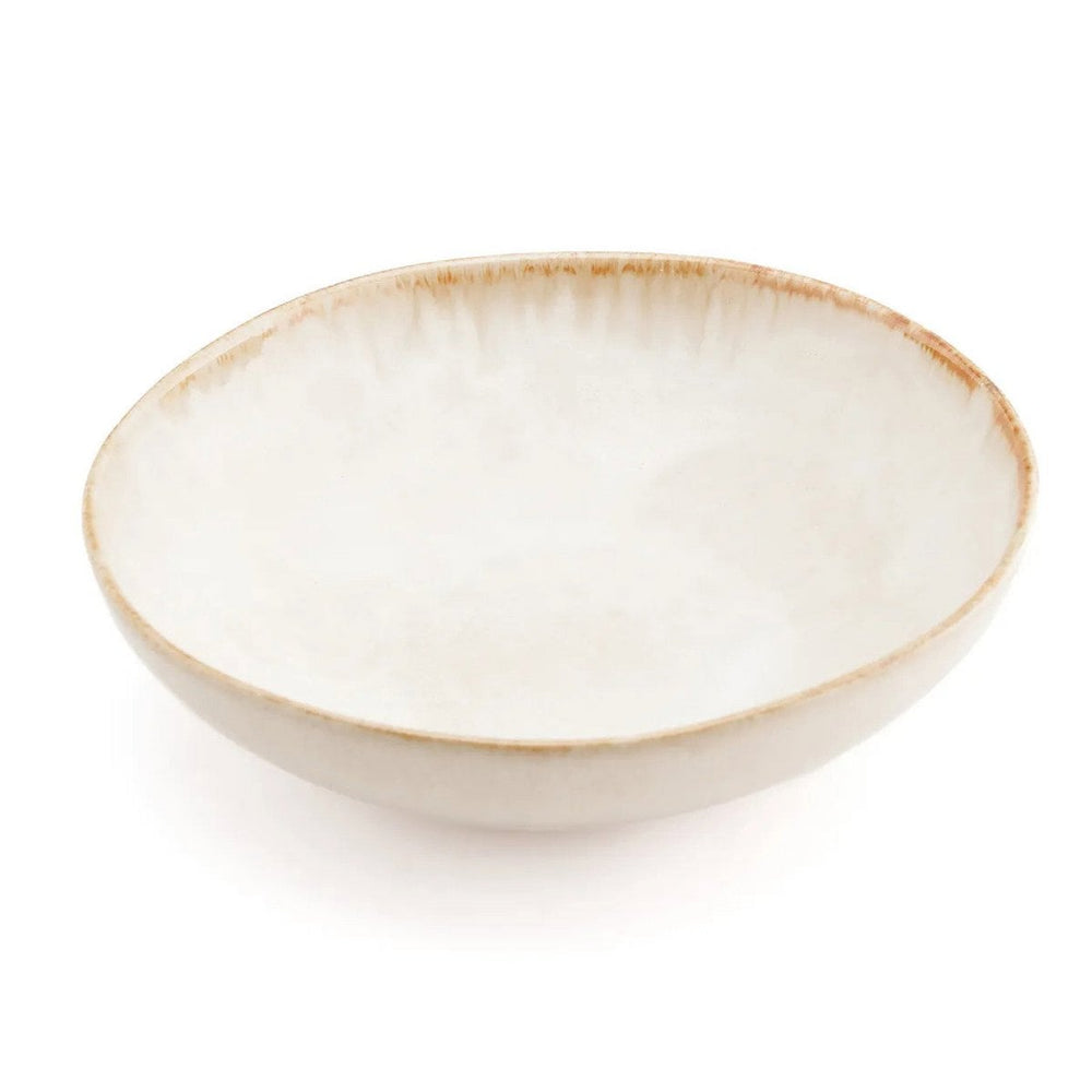 White stoneware pasta plate with burnt-umber rim
