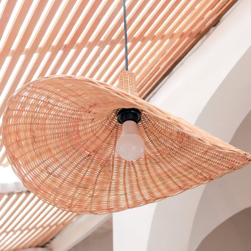 Beige woven rattan funnel-shaped pendant lampshade