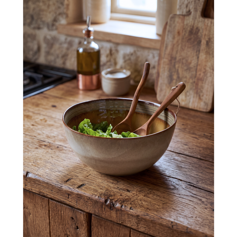 Handmade stoneware serving bowl with crackle glaze finish