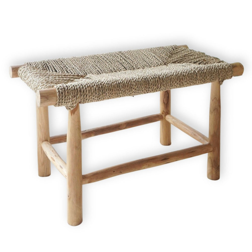 Beige wood bench with woven seagrass seat