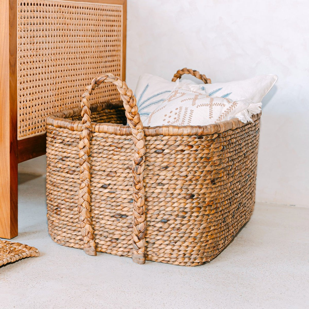 Beige woven water hyacinth laundry basket