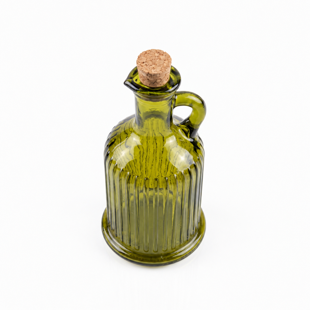Green ribbed recycled glass olive oil bottle with handle
