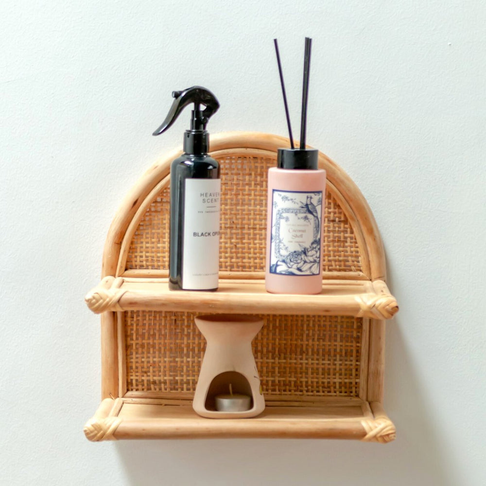 Beige rattan hanging wall shelf