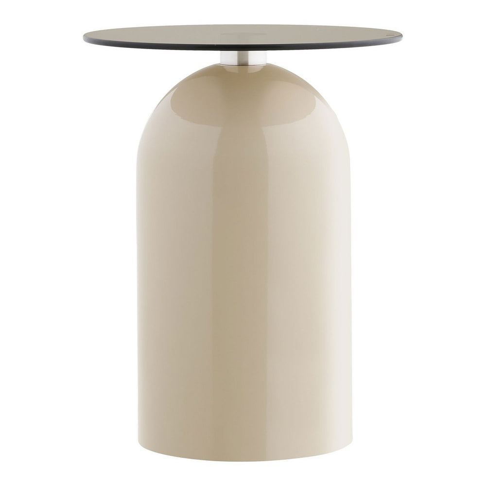 Grey and beige round side table with tempered glass top and metal frame