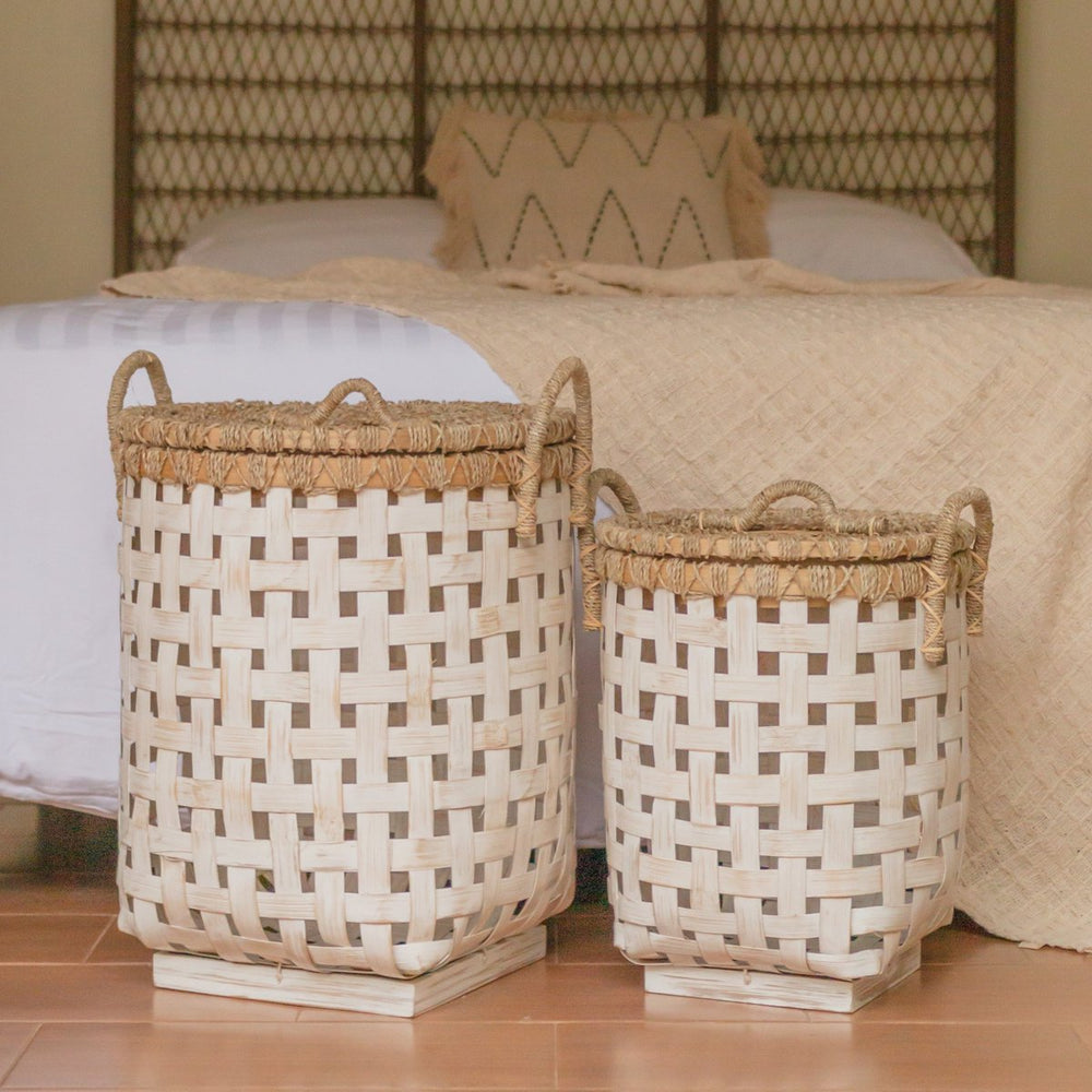 White woven bamboo laundry basket with seagrass lid