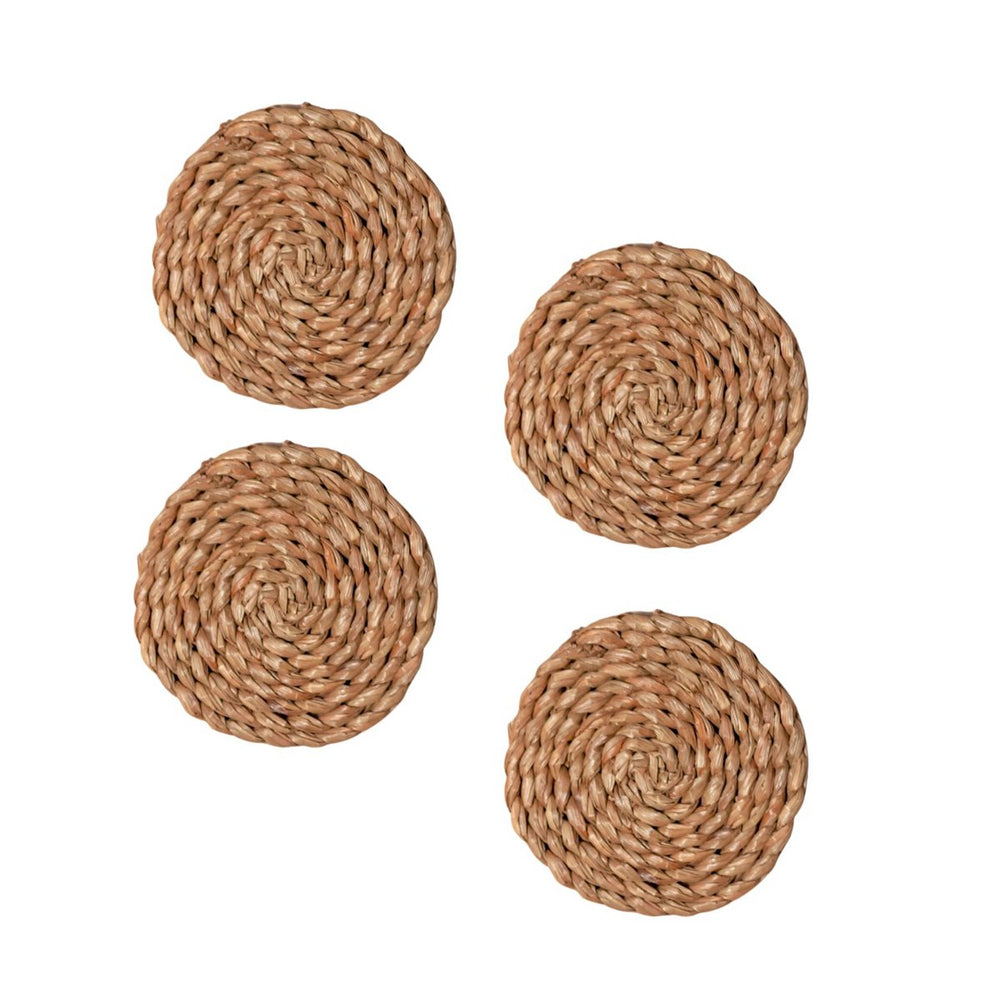 Four woven round coasters on a white background