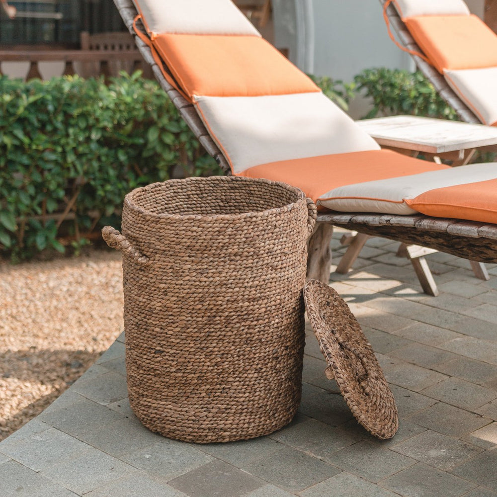 Brown woven water hyacinth storage basket with lid