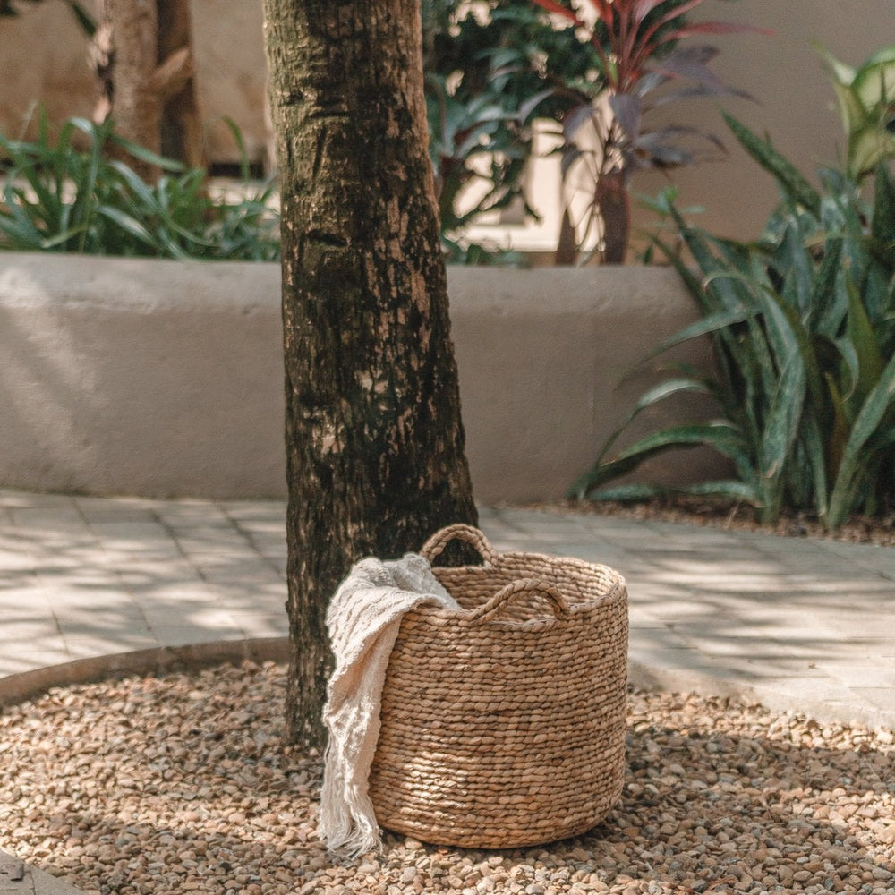 Brown woven water hyacinth basket with handles