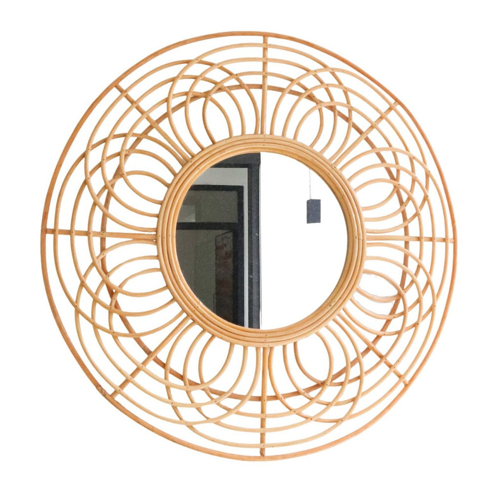 Beige rattan round wall mirror
