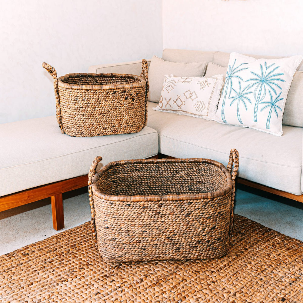 Beige woven water hyacinth laundry basket