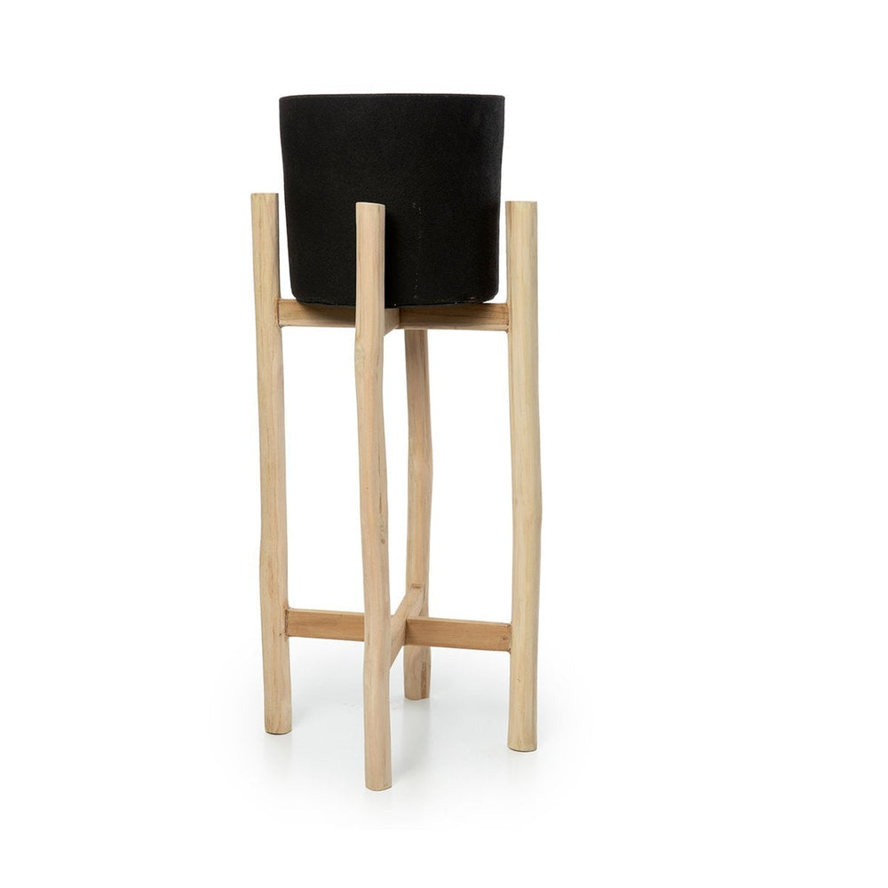 Black terracotta planter on teak branch stand