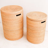 Beige woven rattan laundry basket with lid