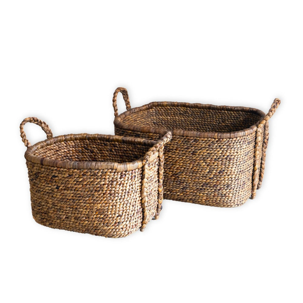 Beige woven water hyacinth laundry basket