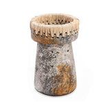 Antique grey terracotta candle holder with raffia accent