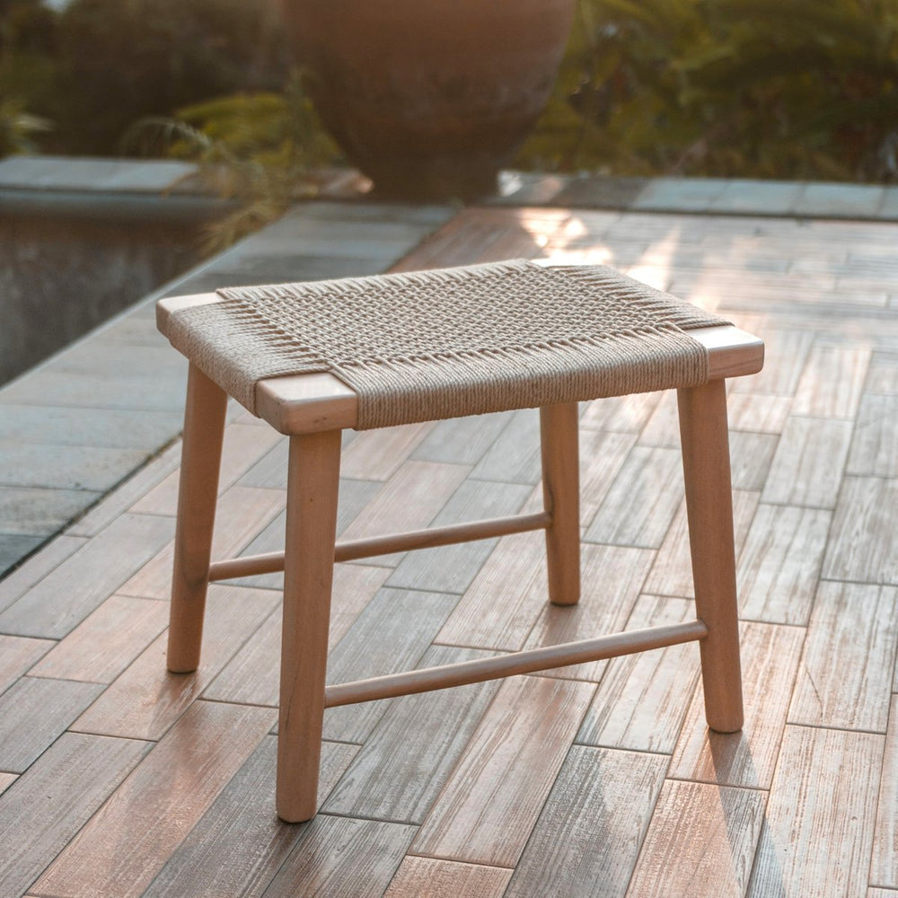 Beige wooden stool with woven recycled paper seat